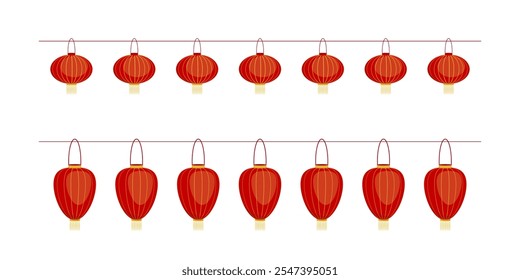 Chinese new year decoration. Traditional red lanterns on a rope. Chinese New Year. Design elements for banner, greeting card, decor.