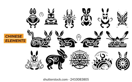 Chinese New Year Decorations elements, rabbit, flower, vector set	