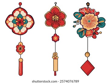 chinese new year decorations, A set of three colorful Chinese knots made with high-quality silk threads and adorned with gold beads, A small, delicate paper lantern with vibrant floral patterns