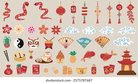 Chinese New Year decorative elements. Lanterns, lucky charms, red envelopes, hand fans, firecrackers, oriental clouds, flowers, auspicious symbols and more.