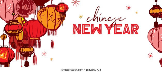 Chinese new year decorative horizontal banner template. Background with colored Chinese lanterns in sketch style isolated on white for invitations, postcards and posters. Vector illustration