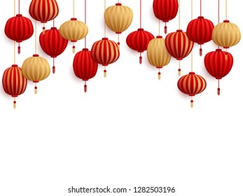 Chinese New Year decorative paper lanterns isolated on white vector illustration. Traditional red and gold hanging chinese lanterns, asian festivals and holidays decoration elements.