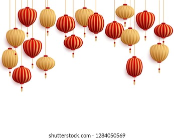 Chinese New Year decorative paper lanterns isolated on white vector illustration. Traditional red and gold hanging chinese lanterns, asian festivals and holidays decoration elements.