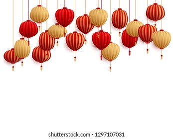 Chinese New Year decorative paper lanterns isolated on white vector illustration. Traditional red and gold hanging chinese lanterns, asian festivals and holidays decoration elements.