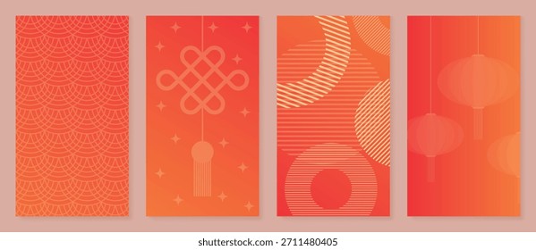 Chinese New Year decorative pattern vector illustration with lucky knot symbol, geometric circle shapes, wave motifs and traditional lanterns on a warm red gradient background. 
