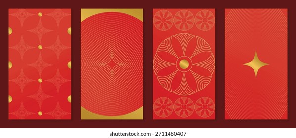 Chinese New Year decorative pattern vector illustration with lucky knot symbol, geometric circle shapes, wave motifs and traditional lanterns on a warm red gradient background. 