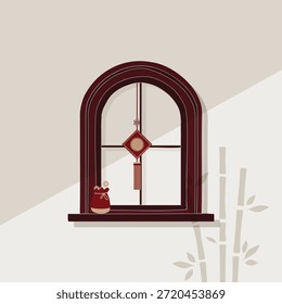 Chinese New Year decorative window facade in flat minimal hand drawn element illustration style, traditional lanterns, bamboo, and oriental ornaments vector design. Asian Lunar New Year celebration festive interior decor.
