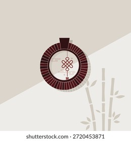 Chinese New Year decorative window facade in flat minimal hand drawn element illustration style, traditional lanterns, bamboo, and oriental ornaments vector design. Asian Lunar New Year celebration festive interior decor.