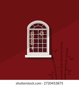 Chinese New Year decorative window facade in flat minimal hand drawn element illustration style, traditional lanterns, bamboo, and oriental ornaments vector design. Asian Lunar New Year celebration festive interior decor.