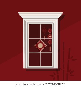 Chinese New Year decorative window facade in flat minimal hand drawn element illustration style, traditional lanterns, bamboo, and oriental ornaments vector design. Asian Lunar New Year celebration festive interior decor.
