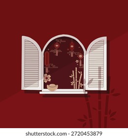 Chinese New Year decorative window facade in flat minimal hand drawn element illustration style, traditional lanterns, bamboo, and oriental ornaments vector design. Asian Lunar New Year celebration festive interior decor.