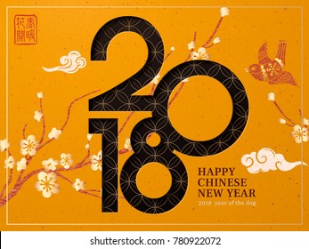 Chinese new year design, 2018 number with chrome yellow, plum and bird elements with warm spring in red stamp on the upper left