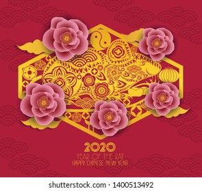 Chinese New Year design 2020. Year of the Rat with flower background