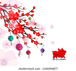 Chinese New Year design. Dog with plum blossom in traditional chinese background. (hieroglyph pig)