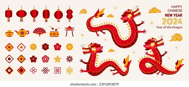 Chinese New Year design elements, set of decorative drawings in a flat style with symbols of traditional Chinese holiday with lanterns, dragons, flowers and objects. Vector illustration.