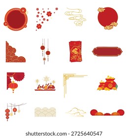 Chinese New Year design elements kit. Vector collection of clouds lanterns and corners for oriental holiday decoration