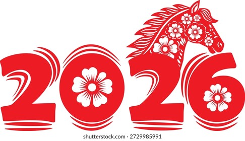 Diseño chino del año Nuevo con un caballo floral en estilo de corte de papel tradicional. Los números "2026" están decorados con patrones de flores y curvas audaces, prosperidad, fuerza y éxito.