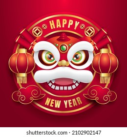 chinese new year design. Greeting card template 2022 chinese ornament lion dance with red lantern and cloud. Vector illustrations wild animal sign.