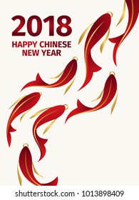 Chinese New Year Design Poster.  Greeting Card With Red And Gold Fish. Red, White And Gold Asian Traditional Design.