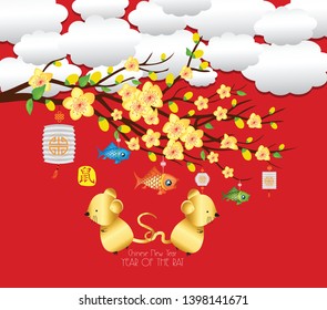 Chinese New Year design. Rat with plum blossom in traditional chinese background. (hieroglyph Rat)