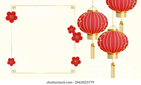 Chinese new year design with red lanterns, frame space for you to enter text on Chinese pattern background. Vector illustration.