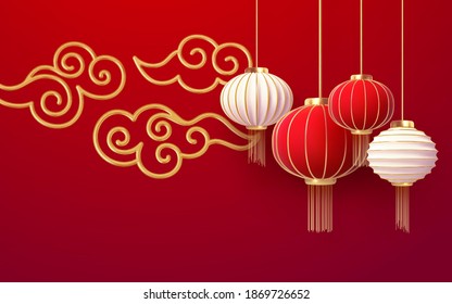 Chinese new year design template with and red lanterns andgolden cloud on the red background. Translation of hieroglyphs Happy New Year. Vector illustration EPS10