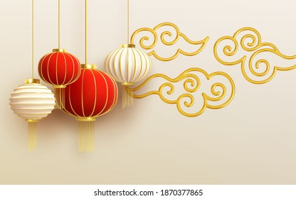 Chinese new year design template with and red lanterns and cloud on the Light background. Vector illustration EPS10