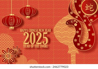 Chinese new year design template with golden snake and red lanterns. Happy New Year 2025. vector illustration