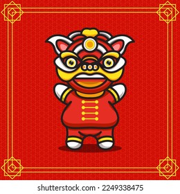 Chinese new year design vector illustration of a cute bunny wearing a lion dance mask