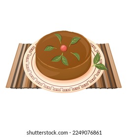 Chinese New Year dessert. Sweet rice pie with berry on wooden napkin. Asian traditional dish. Vector flat drawn illustration for restaurant dishes, menu, poster, flyer, banner, cooking concept