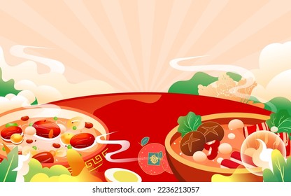 Reunión china de la cena de Año Nuevo, comiendo olla caliente, fondo con varios alimentos y nubes auspiciosas, ilustración vectorial