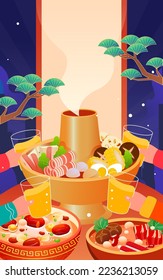 Chinese New Year dinner reunion, eating hot pot, background with various food and auspicious clouds, vector illustration