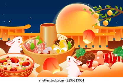 Chinese New Year dinner reunion, eating hot pot, background with various food and auspicious clouds, vector illustration