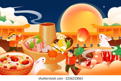 Chinese New Year dinner reunion, eating hot pot, background with various food and auspicious clouds, vector illustration