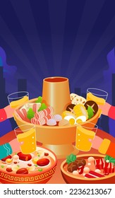 Chinese New Year dinner reunion, eating hot pot, background with various food and auspicious clouds, vector illustration