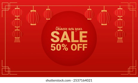 Chinese New Year discount banner red gold. Lanterns frame and sale. Traditional abstract patterns. Design for online store social network web page. Vector illustration.