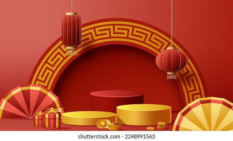 Chinese New Year display podium decoration background with chinese ornament. Vector 3D Illustration