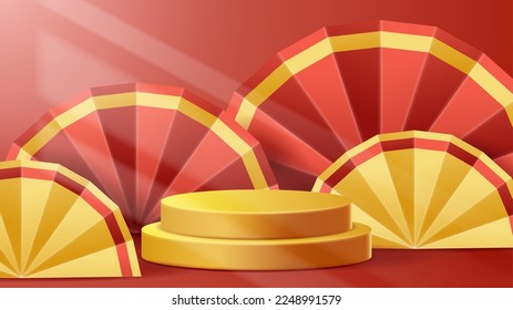 Chinese New Year display podium decoration background with chinese ornament. Vector 3D Illustration