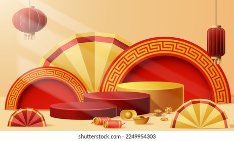 Chinese New Year display podium decoration background with chinese ornament. Vector 3D Illustration