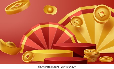 Chinese New Year display podium decoration background with chinese ornament. Vector 3D Illustration
