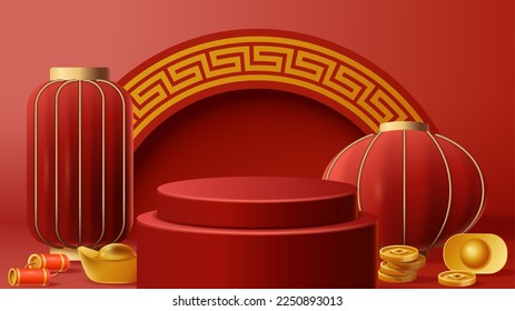 Chinese New Year display podium decoration background with chinese ornament. Vector 3D Illustration