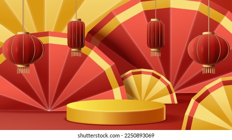 Chinese New Year display podium decoration background with chinese ornament. Vector 3D Illustration