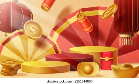 Chinese New Year display podium decoration background with chinese ornament. Vector 3D Illustration