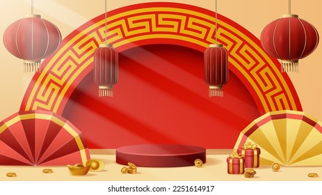 Chinese New Year display podium decoration background with chinese ornament. Vector 3D Illustration