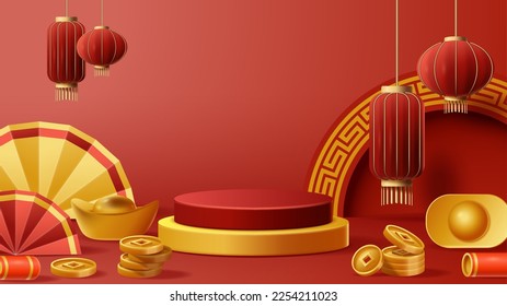 Chinese New Year display podium decoration background with chinese ornament. Vector 3D Illustration