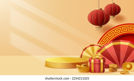 Chinese New Year display podium decoration background with chinese ornament. Vector 3D Illustration