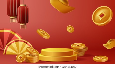 Chinese New Year display podium decoration background with chinese ornament. Vector 3D Illustration