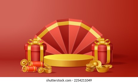 Chinese New Year display podium decoration background with chinese ornament. Vector 3D Illustration