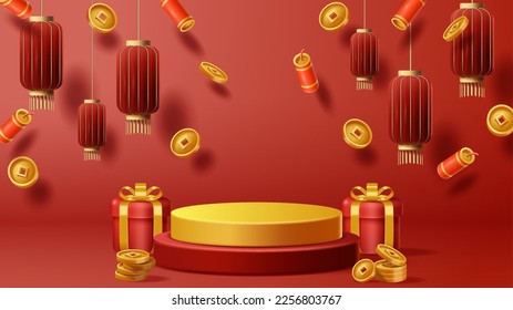 Chinese New Year display podium decoration background with chinese ornament. Vector 3D Illustration