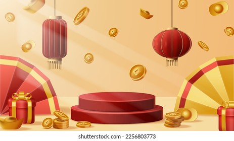 Chinese New Year display podium decoration background with chinese ornament. Vector 3D Illustration